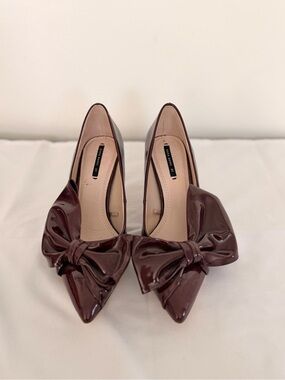 Patent Bow Pointed-Toe Pumps in Dark Burgundy